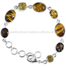 Natürlicher Tigerauge Citrin &amp; Smoky Quarz Edelstein mit 925 Silber Designer Armband